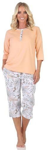 Normann Wunderbarer Damen Kurzarm Pyjama mit Caprihose in floralem Print - auch in Übergrössen, Farbe:apricot, Größe:36-38