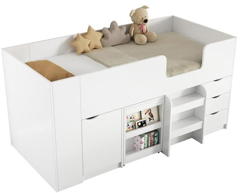 Multifunktionales Hochbett mit Schreibtischmodul, ausziehbarer Arbeitsfläche, integriertem Stauschrank, offener Regalstruktur, stabiler Leiter, Sicherheitsgeländer, MDF-Konstruktion ohne Matratze