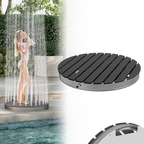 Froadp Gartendusche Campingdusche Aluminium & WPC Bodendusche Holzfarbe Saunadusche mit rutschfeste Standfläche ∅70cm Wetterfest Holzoptik Außendusche für Standard-Gartenschläuche (Rund)