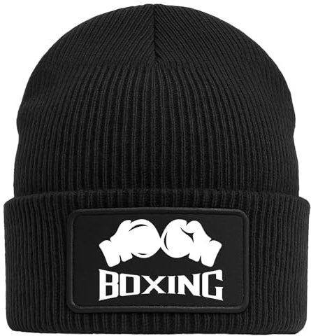 Huuraa Beanie Boxing Boxhandschuhe Geschenk | Black Geschenkidee Schwarze Rippstrick Wintermütze mit austauschbarem Klett Patch