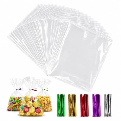 Anstore 200 Stück Süßigkeiten Tüten Klein Durchsichtige Kekstüten 10x15cm | Mit 200 Bunt Metallischen Bindebaender, Ideal für Schokolade, Brot, Hochzeit, Weihnachten und Geburtstagsgeschenke
