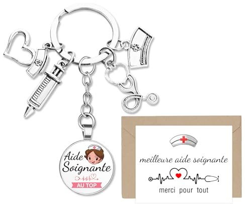 Kit de Cadeau Aide-Soignante Porte-clé Aide-Soignante au Top Pendentif Porte-clef Breloques et Carte de Vœux avec Enveloppe pour Fête Noël Anniversaire