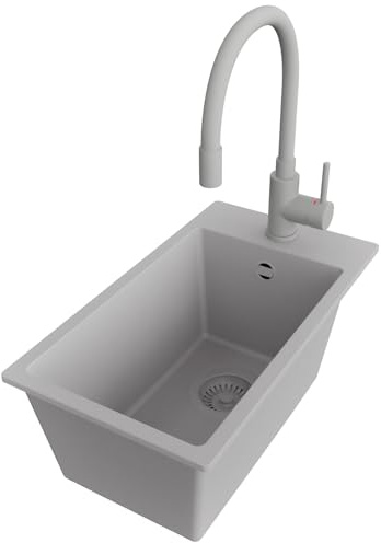 PRIMAGRAN Granitspüle ab 30er Unterschrank + Küchenarmatur, 28x50cm | Set: Küchenarmatur BW6020 + Ablauf-Set (Siphon, Ablaufgarnitur, Überlauf) + Spülbecken 1 Becken - Riga, Alles Grau