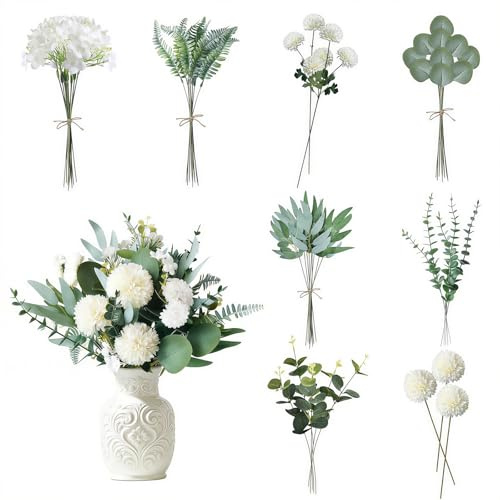 65 Stück Künstliche Zweige & Kunstblumen, 8 Verschiedenen Weiß Blumen Blätter Künstlich Dekozweige, Kunst Kunstblumenstrauss Eukalyptus Hortensien für DIY Brautstrauß Hochzeit und Party Deko