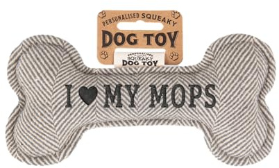 History & Heraldry Personalisiertes Quietschendes Hundespielzeug, Knochen Form, mit `Mops' Aufschrift, Stoffspielzeug für Hunde