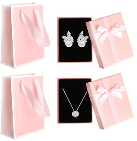 XRVRILE 2 Stück Schmuckschachtel mit Geschenkbeutel,9 x 7 x 3 cm,Schmuck Geschenkboxen,Geschenkverpackung Schmuck mit Schleife zum Ohrring Ring Halskette, Geschenkbox Kleine mit Deckel (Rosa)