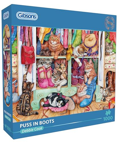 Gibsons Puss in Boots 1000 Piece Jigsaw Puzzle for Adults - Cat Illustration by Debbie Cook - Premium 100% Recycled Board - Made in UK/EU - Sustainable Gift for Cat Lovers