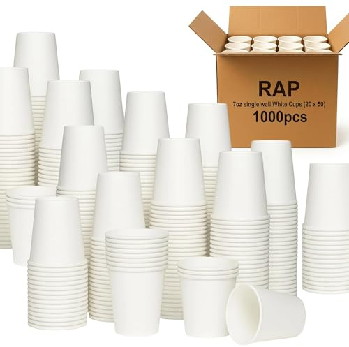 Single Wall White Paper Cups 7oz 1000 Pack Disposable Hot and Cold Cups | Food grade board with a leak resistant lining, bulk case for water coolers, vending, tea, coffee, juice, offices, events