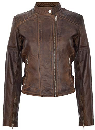 Ladies Womens Real Leather Fitted Vintage Biker Style Zip Fashion Jacket
