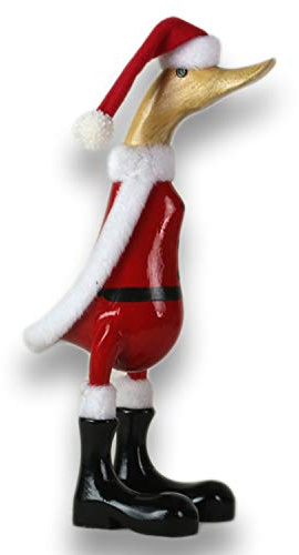 ART-CRAFT Holz Ente Lauf Ente Gartendeko Figur aus Bambus Wurzel und Teak Holz Santa Claus handbemalt 25cm hoch