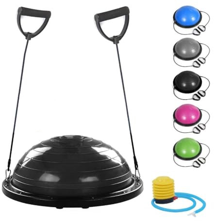 FMYBB70N Balance Half Ball (Ø 60 cm) | Palla Gonfiabile Mezza Sfera | Fitness Trainer per Yoga Pilates Funzionale Fisioterapia | con elastici, manici e pompa (Nero)