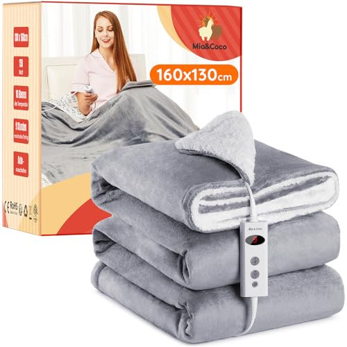Mia&Coco Electric Heated Blanket Throw Flannel Sherpa Fast Heating 120x160cm, 10 Heat Levels & Up-to-9-Hours Auto-Off Timer & LED Display, for Home Office Use, Machine Washable, ETL Certified, Grey
