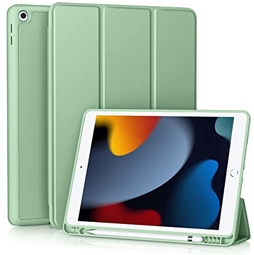 Vobafe Hülle Kompatibel mit iPad 9 8 7 Generation(10.2 Zoll, Model 2021/2020/2019,9./8./7.), Weiche TPU Rückseite Abdeckung Klappständer Schutzhülle mit Stifthalter, Auto Schlafen/Wachen, Matcha Grün