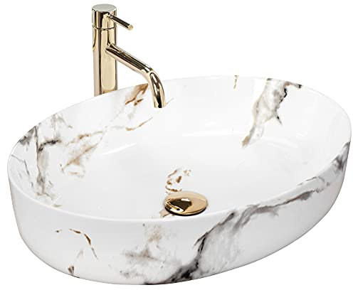 Rea VASQUE À POSER QUEEN CARRARA SHINY Lavabo Salle de Bain 550 x 415 x 140 mm en Céramique (Blanc, imitation de marbre)