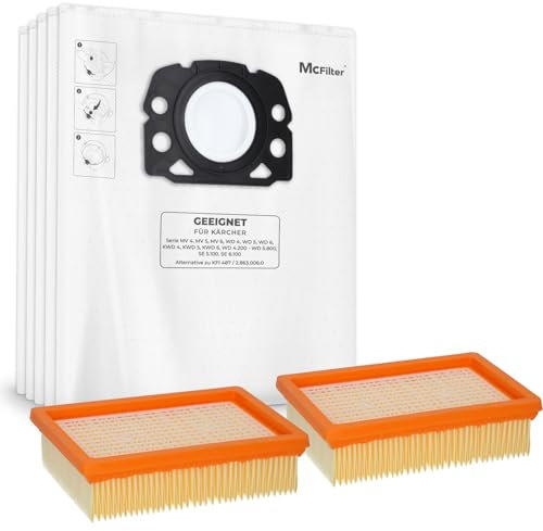 McFilter I 10 sacs à poussière + 2 filtres compatibles avec Kärcher WD4 P S V-20/5/22, WD5 P V-25/5/22, WD6 P S V-30/6/22/T, MV4, MV5, MV6 Alternative pour Kärcher KFI 487 comme KFI 4410 - Type KA 33