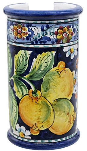 sicilia bedda - PORTABICCHIERI in Ceramica di CALTAGIRONE Realizzati Interamente a Mano - Altezza 20 Cm (Limoni Sfondo Blu)