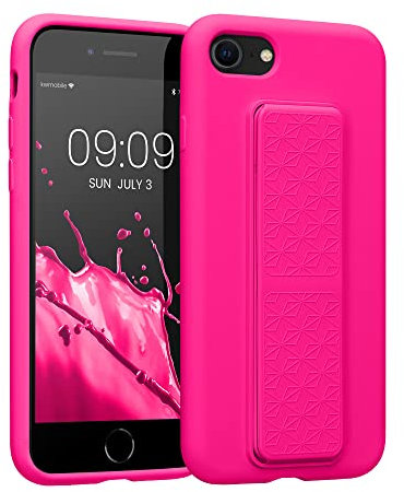 kwmobile Handyhülle kompatibel mit Apple iPhone SE (2022) / iPhone SE (2020) / iPhone 8 / iPhone 7 - Hülle mit Fingerhalter und Standfunktion - Silikon Case Handy Cover in Neon Pink