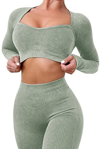 IMEKIS Trainings Outfit f?r Damen 2-teilig Sportbekleidung Gym Set Sport Crop Top mit Hoher Taille Laufshorts Leggings Nahtlos Gerippt Trainingsanzug Yoga Sportanzug Activewear Olivgr?n 1 S