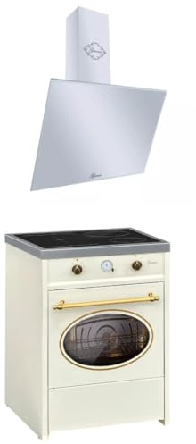 GURARI Herdset GCH E 612 Cr r + GCH 286 WH 8 Prime, Retro Induktions Standherd 60 cm, Range Coocker, 60 L, Creme+Dunstabzugshaube 80 cm, Wandhaube, Weiß Glas, Kopffrei Abluft- / Umlufthaube
