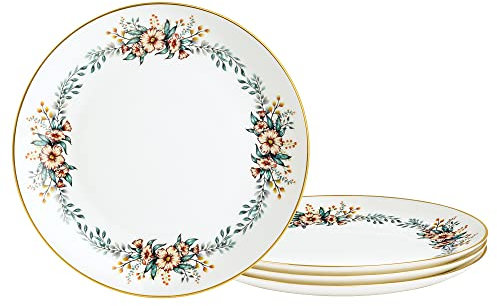 fanquare 8 Salad Plates, Floral Pasta Bowls Set of 4, Porcelain Dessert Plates with Yellow Trim, Microwave Safe Plates