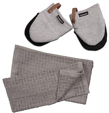 Cuisinart Oven Mitts & Tea Towel Set with Grey Heat Resistant Mini Mitt Oven Mitts Set of 2 & Bamboo Light Grey Tea Towels for Kitchen Set of 2, 40x70cm
