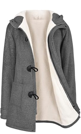 Nadeer Damen Mantel Fleece Plüschjacke mit Kapuze und Hornknopf | Warme Gefütterte Wollmäntel, Winddicht, Doppelte Taschen, mit Reißverschluss, Mittellang, für Herbst Winter