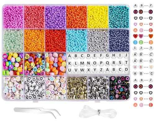Vicloon 12600 Pcs Glass Seed Beads Kit, 2mm Pearl Beads for Jewelry Making, Pony & Acrylic Letter, Number, Heart Beads for Bracelet Making Kit, DIY Crafts, Jewelry Making, Gifts