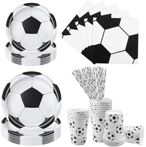 Aitsite Set di 100 piatti per feste di compleanno per 20 ospiti, calcio in bianco e nero, piatti usa e getta, bicchieri di carta, tovaglioli, cannucce, decorazioni per feste