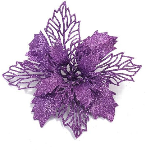 Whakano 20 Stück Weihnachten Glitzer Weihnachtsstern Blumen mit Clips,Poinsettia Weihnachtsblume Glitzernde für Weihnachtsbaum Dekorationen,Weihnachtsblumen für Weihnachts,Garten,Neujahr,Kränze,Lila