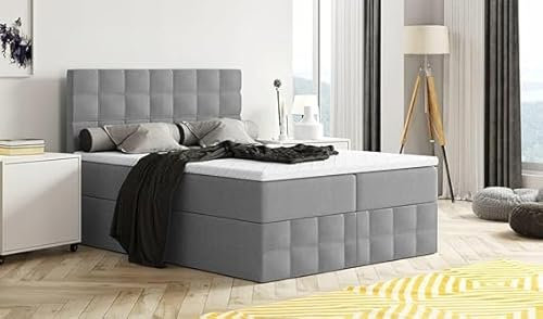 Moderne Boxspringbett MERA Premium Bett mit Bettkasten Ziernähten Bonell Matratze H3 Federkern Topper Polsterbett Doppelbett Schlafzimmer (Dunkelgrau - Aura 24, 140x200)
