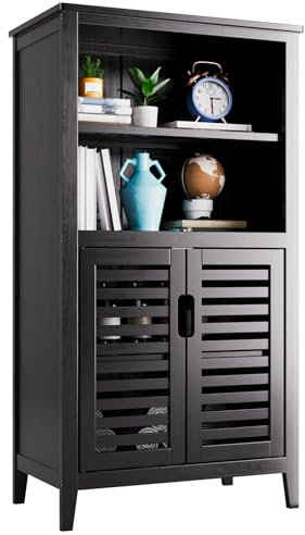 HITNET Badezimmerschrank Bambus, Seite Lagerung Organizer mit 2 Türen und herausnehmbare Regale, Freistehende Boden Schrank für Wohnzimmer Küche Schlafzimmer, Schwarz