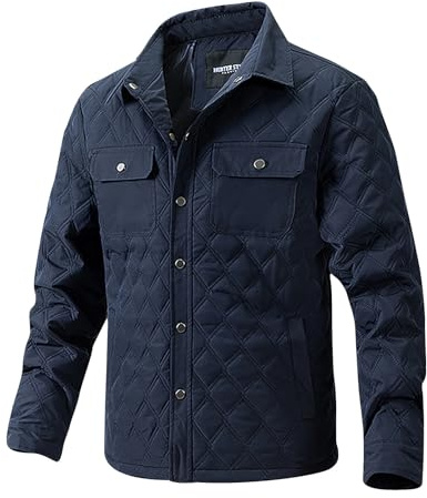 AMhomely Mens Diamond Padded Jacket Tactical Winter Jacket Men Winter Thermal Bomber With Pocket Solid Casual Button Down Trucker Outwear Lightweight Warm Quilted Dark Blue XXL