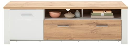 LIVIN TV Lowboard - Weiß supermatt Dekor - 164 x 46 cm - Eiche Altholz Dekor - 1 Tür - 1 Schublade