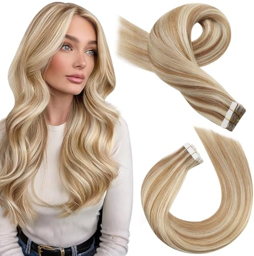 Moresoo Tape in Hair Extensions Remy Hair Medium Brown Highlighted 24 Inch | For Women, For Thin Hair, Add Length, Heat & Wash Resistant, Natural Blend, Add Volume, Prevent tangling, Salon Quality