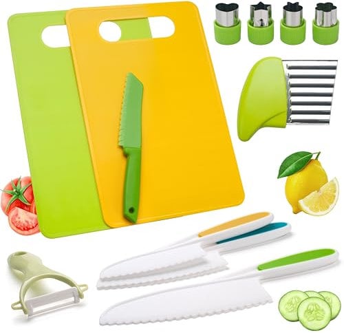ONUPGO 13 Pieces Kids Knife Set Toddler Kitchen Friendly Knives for Real Cooking Montessori Kid Proof Kitchen Tools Include Toddlers Safe Plastic Knives Crinkle Sandwich Cutter Y Peeler Cutting Board