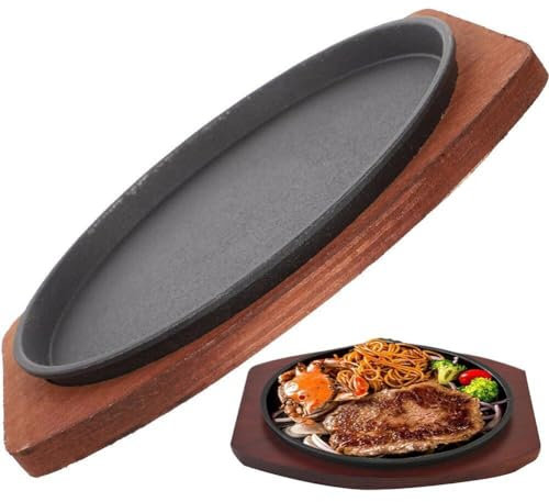 Hrippy Assiette À Steak en Fonte, Plaque Chauffante Antiadhésive, Poêle Fajita, Assiette De Service avec Base en Bois, Assiette À Steak, Four À Pizza, Accessoires pour Barbecue