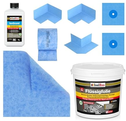 Isolbau Dichtset - Inkl. 1x Flüssigfolie (7 kg), 1x IsoGrund (1 L), 1x Dichtband (5 m), 1x Dichtbahn (1 m), 2x Innenecken, 1x Außenecken & 2x Manschetten - MPA