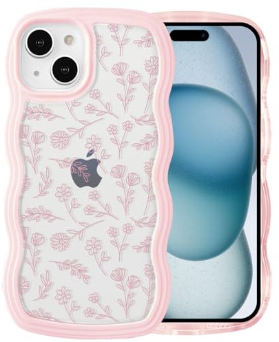 QLTYPRI iPhone 13/14 Case - Cute Curly Wave Frame Clear Cover for Girls Women, Flower TPU Bumper Slim Soft Silicone Shockproof Protective Phone Case - Pink Floral
