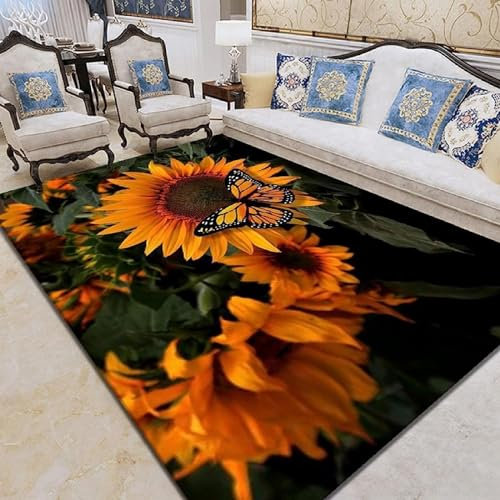 Bereichsteppich,3D-Teppich Sonnenblumenblüten-Schmetterling Entscheidender Moment Gedruckt Wohnkultur rutschfest Weich,Kinderzimmer-Teppich - Polyester-Soft-Touch 50 X 80 cm / 19.6 X 31.5 -0S1V0F4E