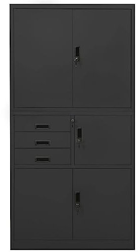 Pxznbe Aktenschrank 90 x 40 x 180 cm Anthrazit Stahl Raumschrank mit 3 verstellbaren Einlegeböden Büroschrank 3 Schubladen mit Kugelführungen 3 Abschnitte Mehrzweckschrank