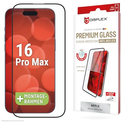 Displex Schutzglas für Apple iPhone 16 Pro Max, Eco-Montagerahmen,Tempered Glas, kratzer-resistente Schutzfolie, hüllenfreundlich (Premium Glass)