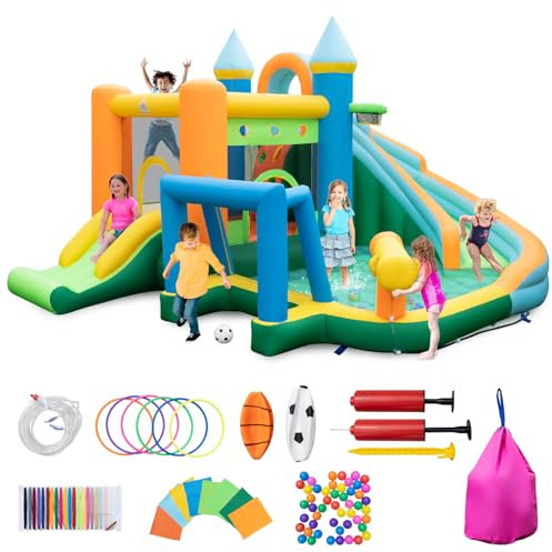GOPLUS Aufblasbare Hüpfschloss, Kinderhüpfburg mit Trampolin Rutsche Kletterwand Wasserpistole Basketballkorb, Aufblasbare Hüpfburg mit Tragetasche, für Kinder 3-10 Jahren (Fußball, ohne Gebläse)
