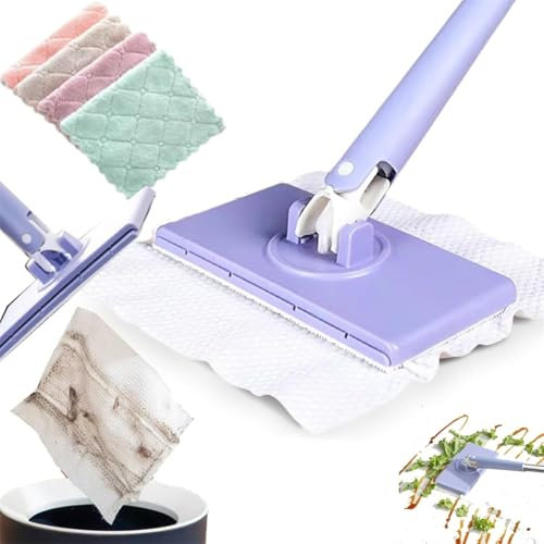 Mini fregona con cambio automático de tela, mopa plana manos libres con cabezal giratorio de 360°, mopa automática giratoria de 360°, plumero desechable para suelo, espejo, pared (morado, 71 cm)