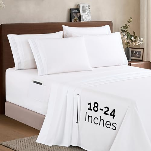 Elegant Comfort 1500 Premium Quality 6-Piece Bed Sheet Set - 18-24 Inch Extra Deep Pocket, Smart Storage Pockets, Wrinkle Free Ultra Soft 6PC Extra Deep Pocket Sheets, King, White