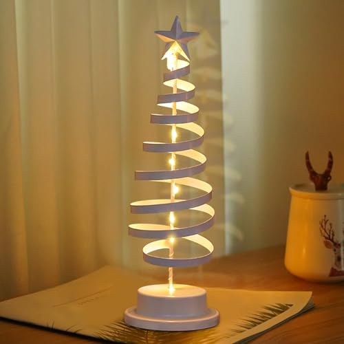 Kleiner Weihnachtsbaum mit Beleuchtung, Weihnachtsdeko Metall Mini Weihnachtsbaum mit Lichterkette, LED Weihnachtsdeko Tisch Weihnachtsbaum mit Stern, Modern Weihnachtsbeleuchtung Lichterbaum (Weiß B)