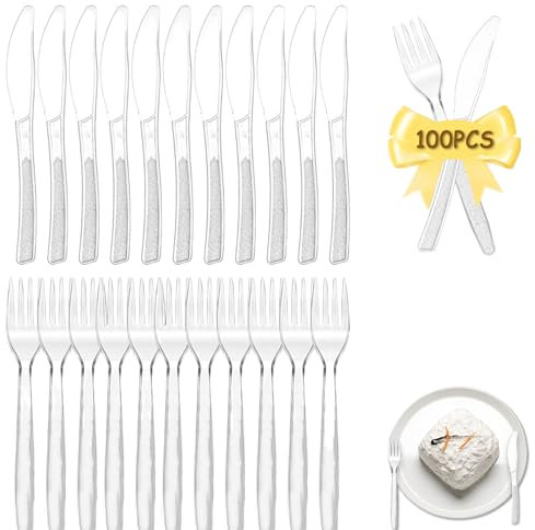 cuhostki Plastikbesteck Set, 100 Stück Mehrweg Besteck (Je 50 Kompostierbare Gabel, Messer) Party Besteck Transparente Kuchengabel Und Messer, Für Außenbereich Und Im Innen Veranstaltungen Catering