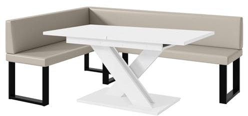 MEBLINI Eckbank für Esszimmer mit ausziehbarem Tisch - Küchenbank - Essecke - Sitzecke Küche - Toni - U-Beine 142x196x87cm Links - Beige Kunstleder/B Weiß Matt