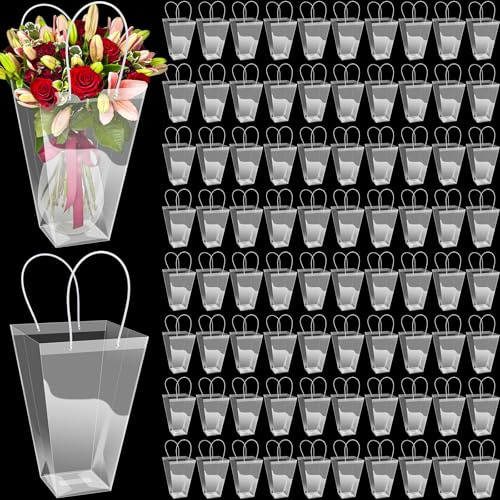 Yexiya 96 Stück große transparente Blumenbouquet-Tasche mit Griff, transparente Floristen-Geschenkverpackung, Kunststoff-Geschenk für Geburtstag, Weihnachten, Valentinstag, Muttertag, Hochzeit, 29 x