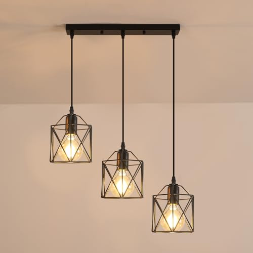 SENQIU 3 Luces Lámparas Colgantes Vintage Lámpara de Techo Retro Industrial | Diseño de Jaulas Negro, Hierro Iluminación Colgante E27 de Altura Ajustable para Comedor Cocina Dormitorio Salón Café