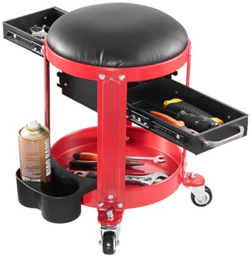 VEVOR Rolling Mechanic Stool with Wheels, 300 lbs Capacity Garage Seat/Work Stool, Padded Roller Creeper Seat with Fixed Height, Tool Tray and 2 Drawers, for Garage, Shop & Auto Repair, Red+Black